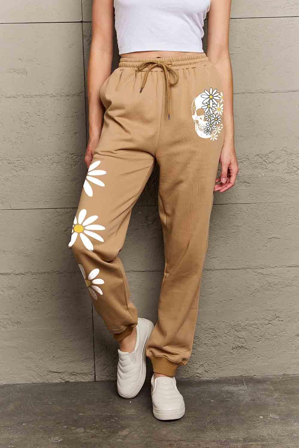 Simply Love Full Size Drawstring Flower & Skull Graphic Long Sweatpants