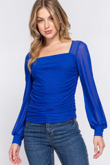 ACTIVE BASIC Square Neck Mesh Long Sleeve Shirring Top - Admiresty