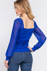 ACTIVE BASIC Square Neck Mesh Long Sleeve Shirring Top - Admiresty
