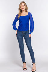 ACTIVE BASIC Square Neck Mesh Long Sleeve Shirring Top - Admiresty