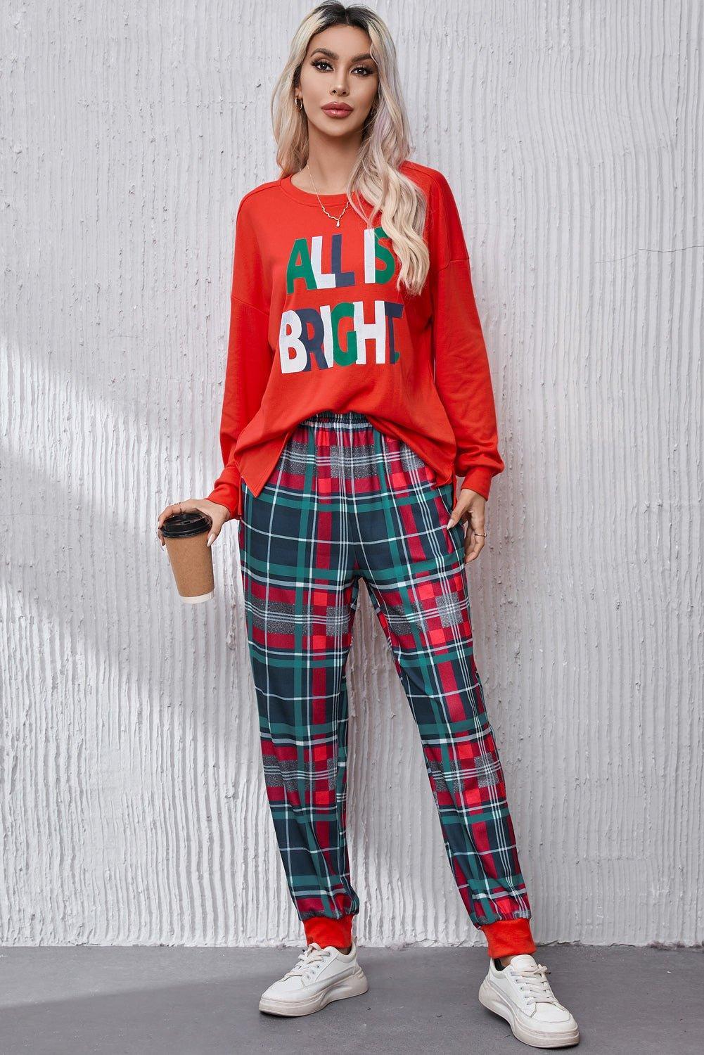 ALL IS BRIGHT Round Neck Top and Plaid Pants Lounge Set - Admiresty