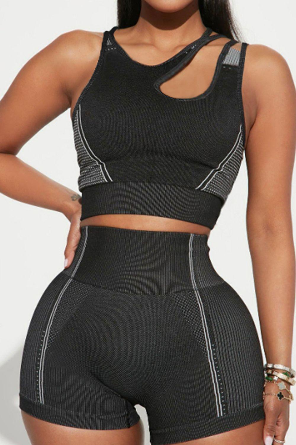 Asymmetrical Neck Striped Tank and Shorts Active Set - Admiresty