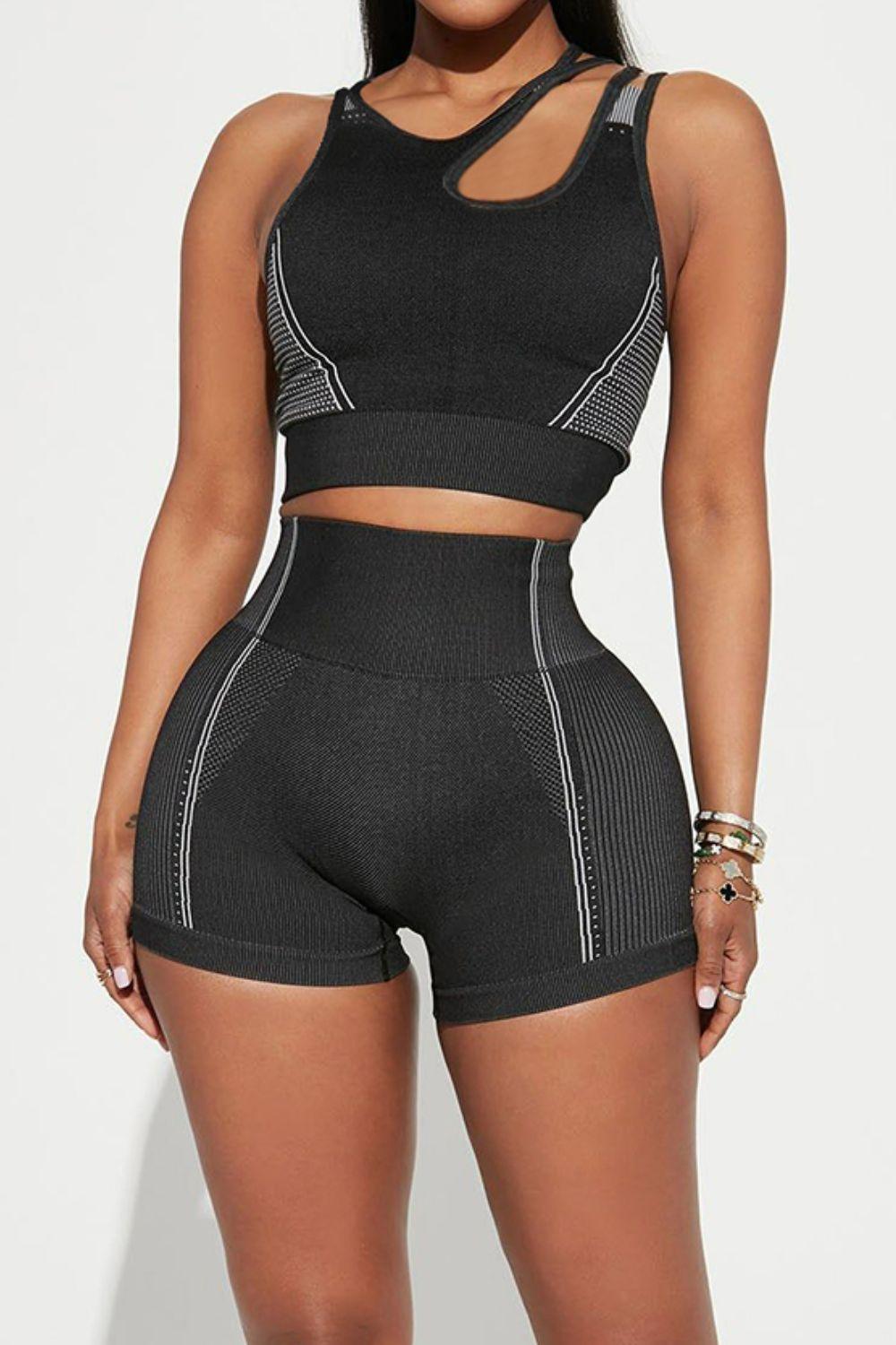 Asymmetrical Neck Striped Tank and Shorts Active Set - Admiresty