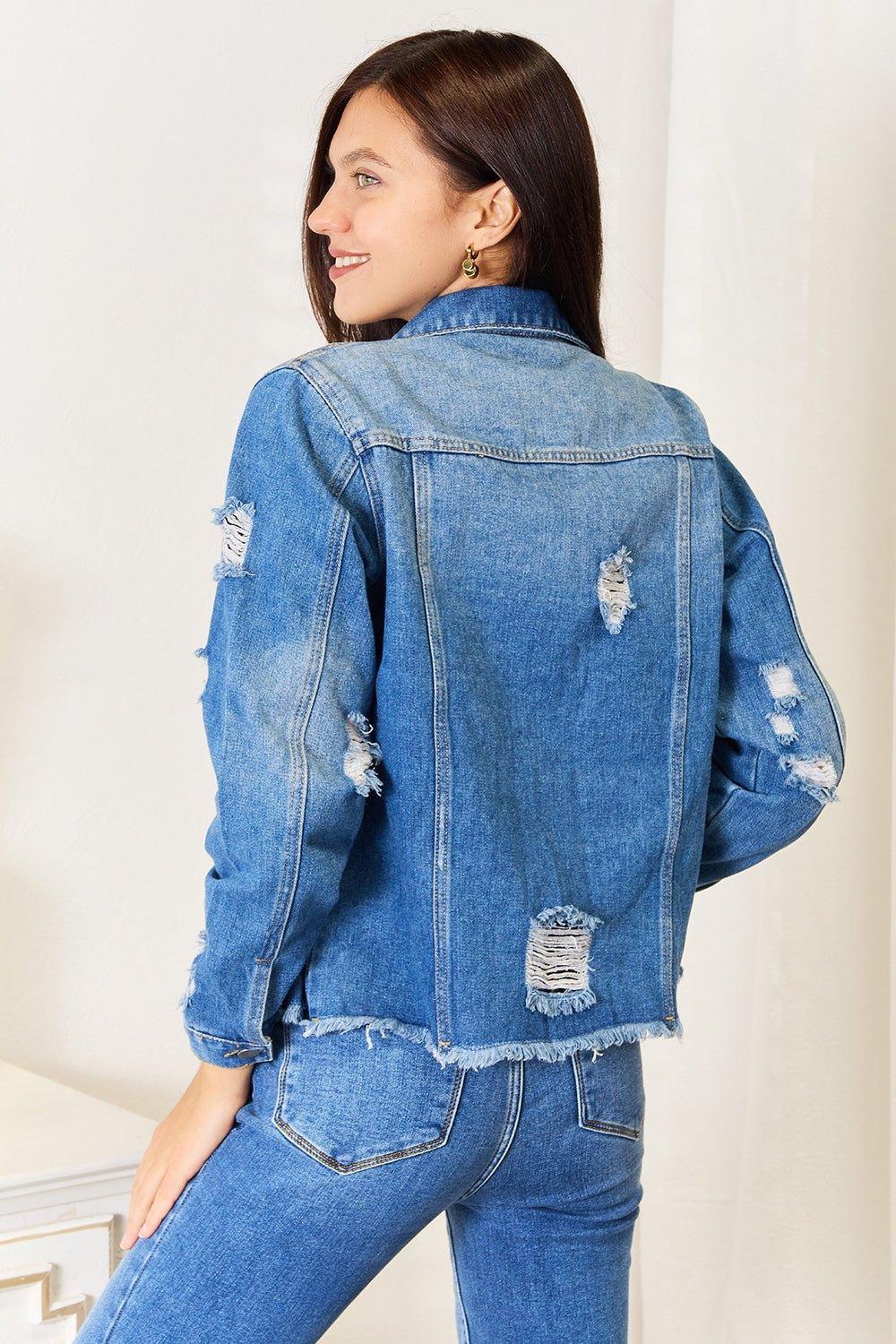 Baeful Leopard Floral Distressed Raw Hem Denim Jacket - Admiresty