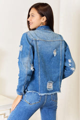 Baeful Leopard Floral Distressed Raw Hem Denim Jacket - Admiresty