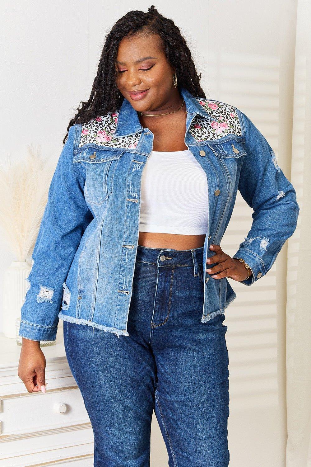 Baeful Leopard Floral Distressed Raw Hem Denim Jacket - Admiresty