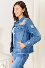 Baeful Leopard Floral Distressed Raw Hem Denim Jacket - Admiresty