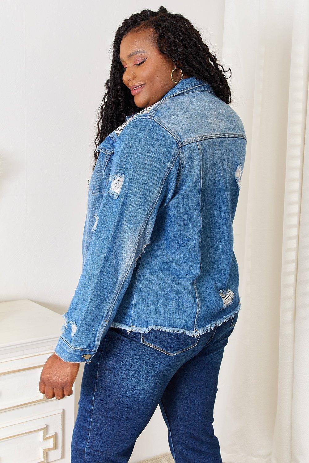 Baeful Leopard Floral Distressed Raw Hem Denim Jacket - Admiresty