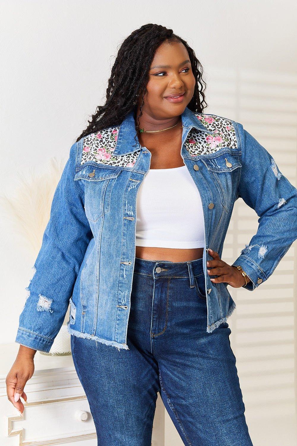 Baeful Leopard Floral Distressed Raw Hem Denim Jacket - Admiresty