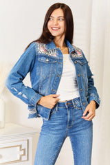 Baeful Leopard Floral Distressed Raw Hem Denim Jacket - Admiresty