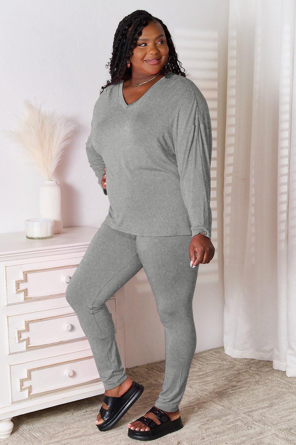 Basic Bae Bamboo Full Size V - Neck Long Sleeve Top and Pants Lounge Set - Admiresty