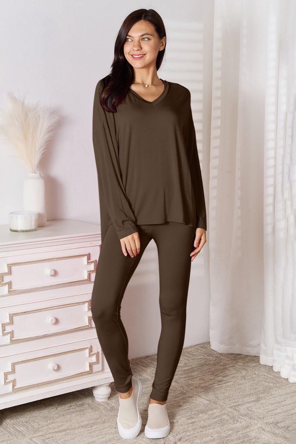 Basic Bae Bamboo Full Size V - Neck Long Sleeve Top and Pants Lounge Set - Admiresty