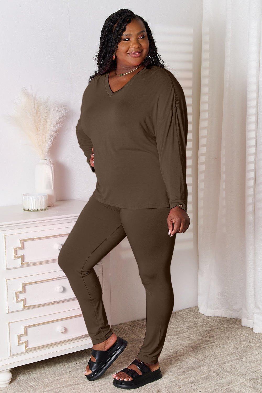 Basic Bae Bamboo Full Size V - Neck Long Sleeve Top and Pants Lounge Set - Admiresty