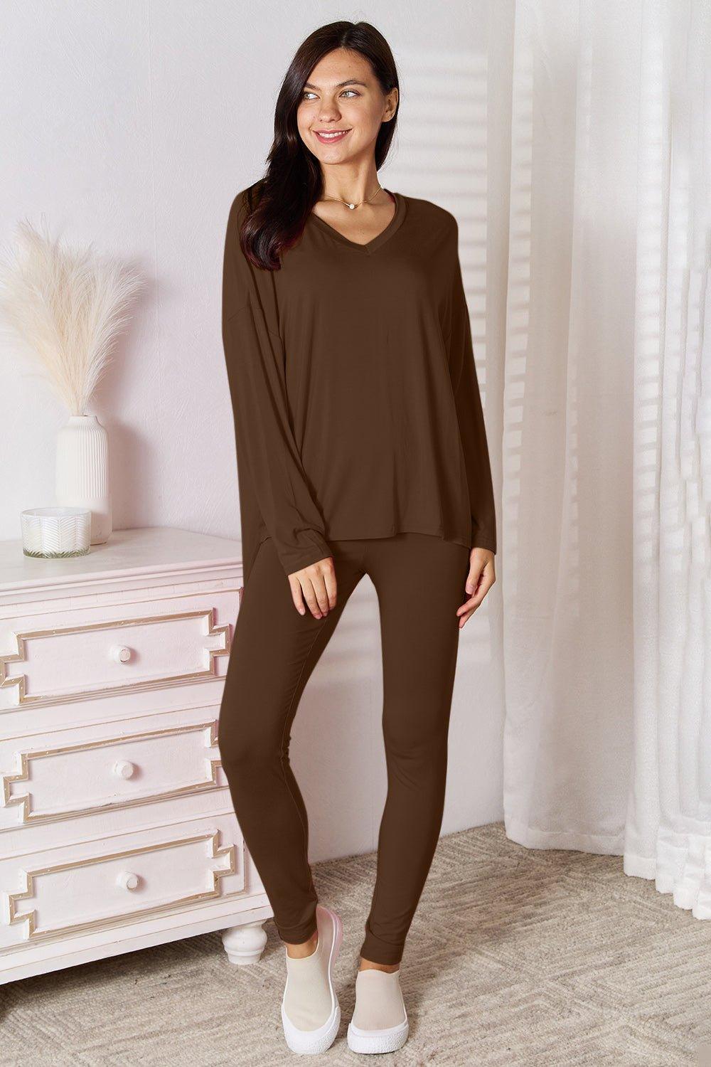 Basic Bae Full Size V - Neck Soft Rayon Long Sleeve Top and Pants Lounge Set - Admiresty