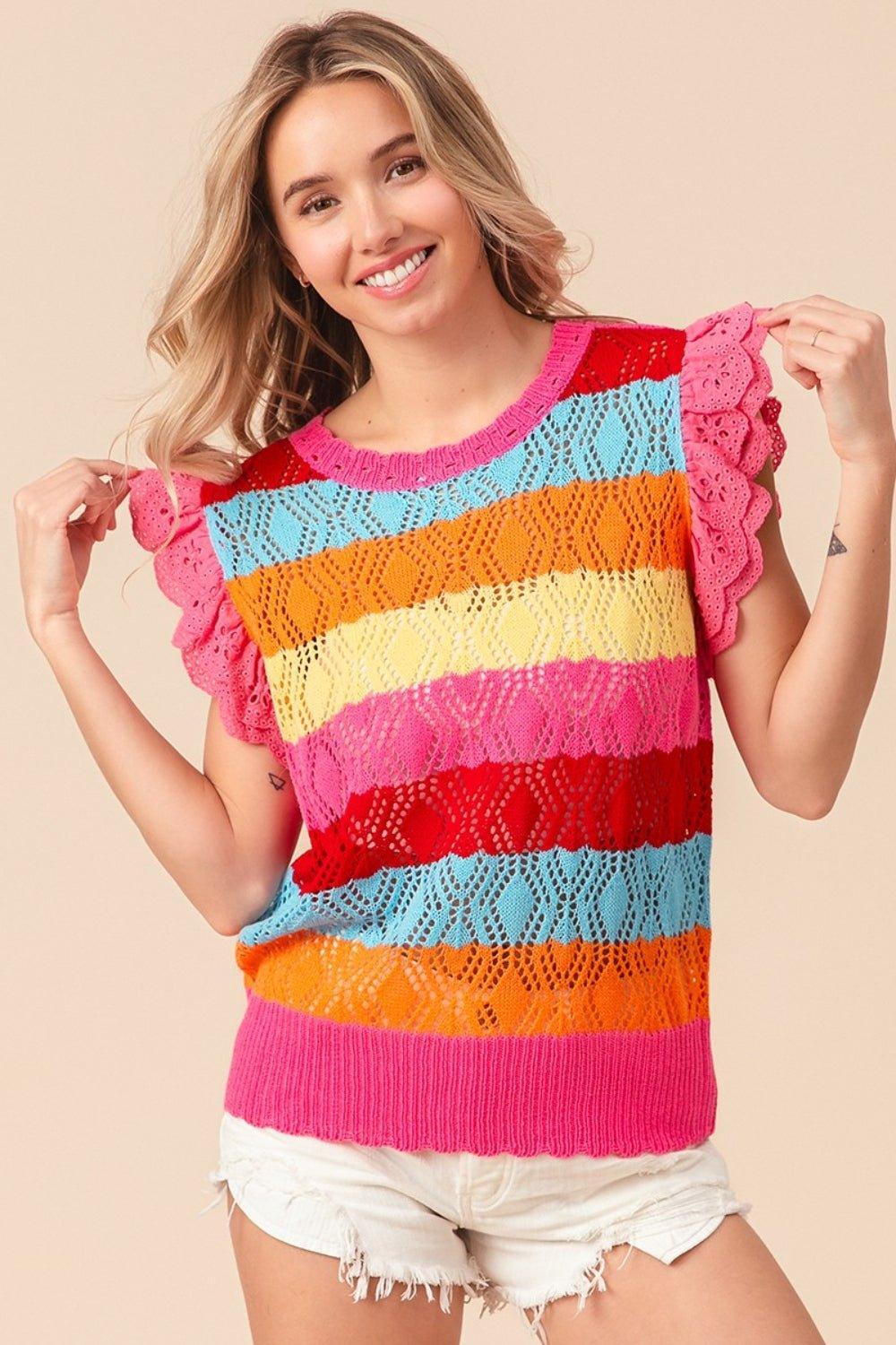 BiBi Pointelle Striped Ruffled Knit Top - Admiresty