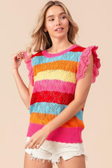 BiBi Pointelle Striped Ruffled Knit Top - Admiresty