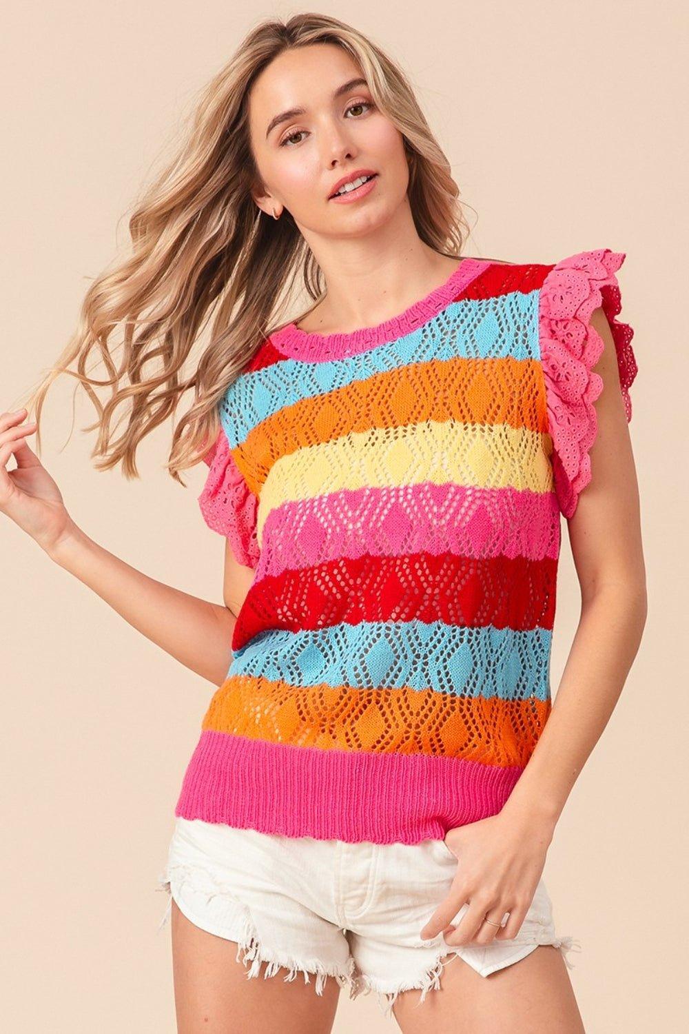 BiBi Pointelle Striped Ruffled Knit Top - Admiresty