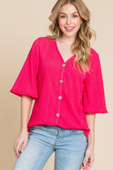 BOMBOM Texture Decorative Button V - Neck Top - Admiresty