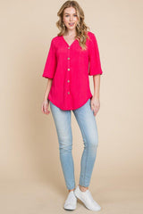 BOMBOM Texture Decorative Button V - Neck Top - Admiresty
