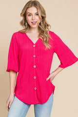 BOMBOM Texture Decorative Button V - Neck Top - Admiresty
