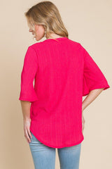 BOMBOM Texture Decorative Button V - Neck Top - Admiresty