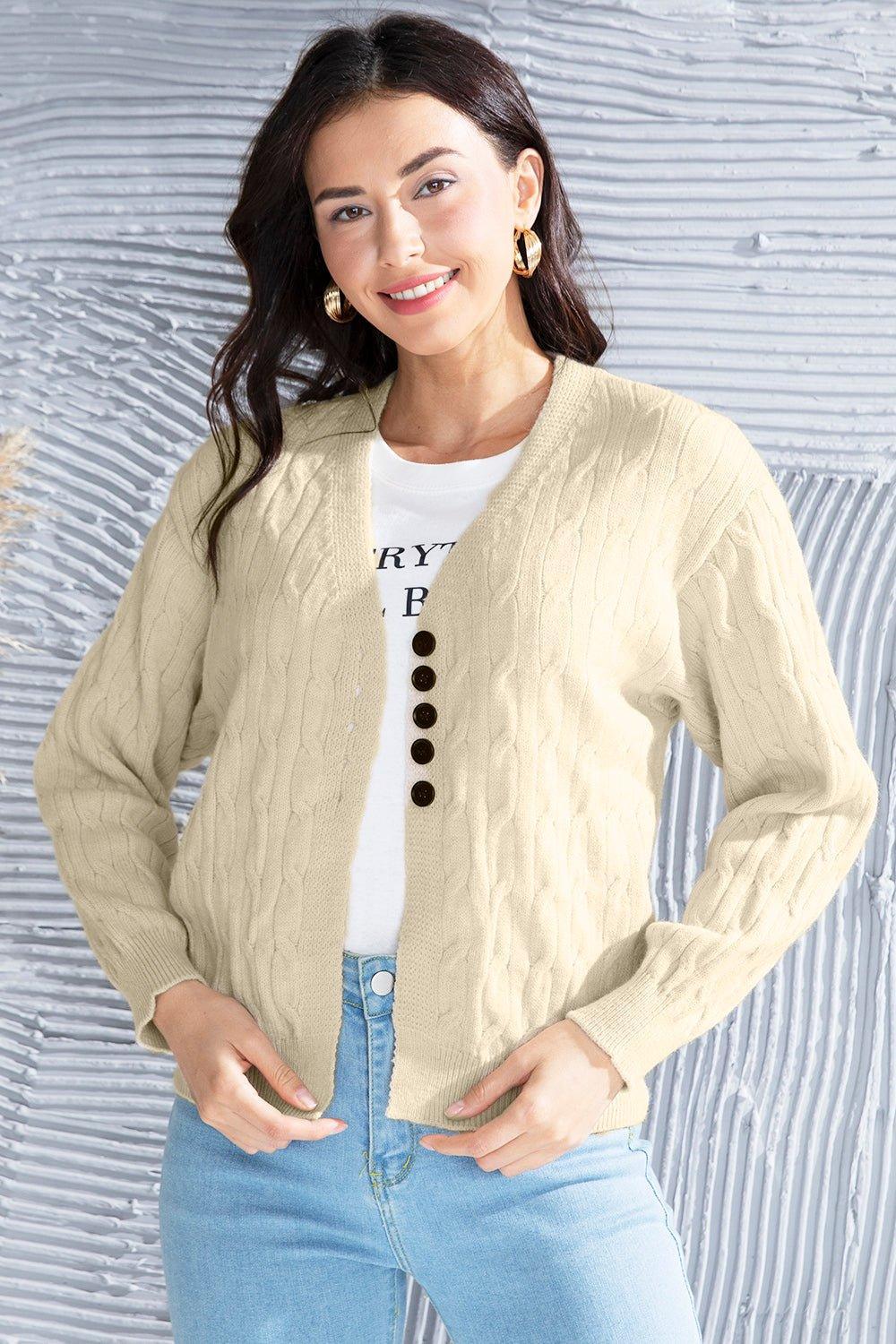 Cable - Knit Button Up Dropped Shoulder Cardigan - Admiresty