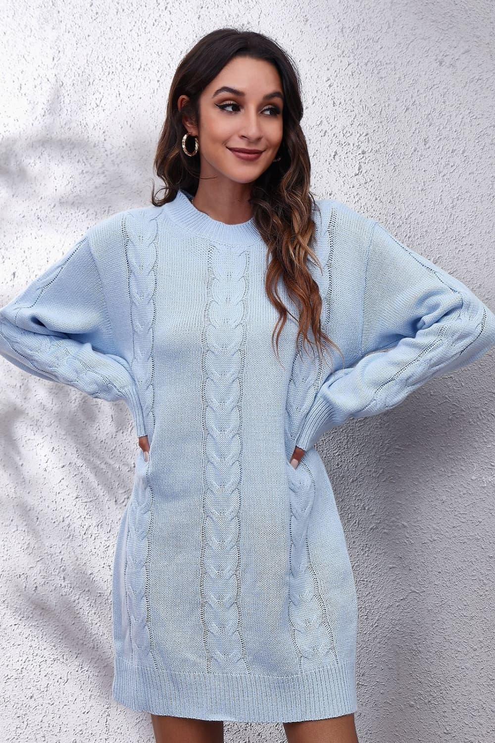 Cable - Knit Round Neck Sweater Dress - Admiresty