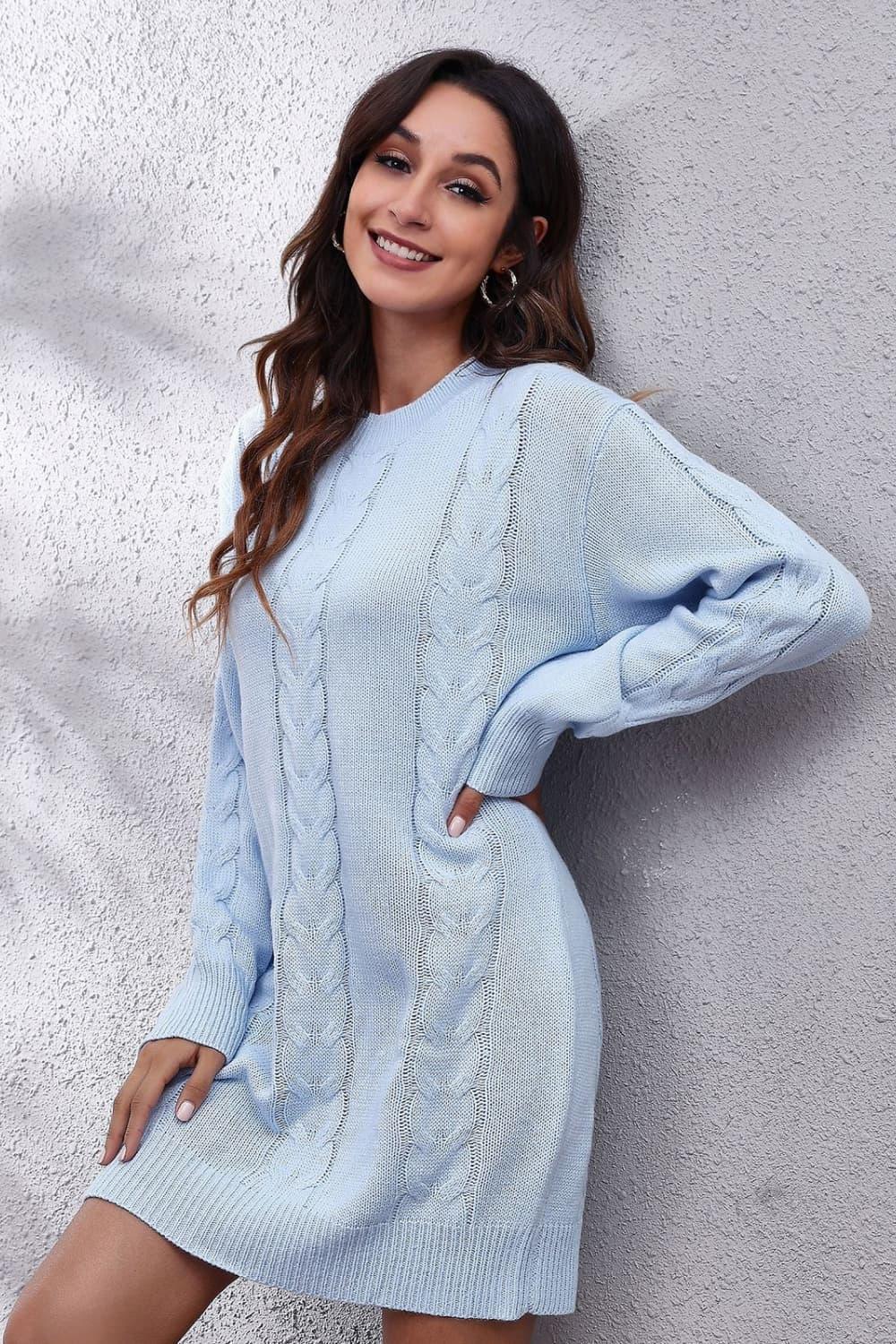 Cable - Knit Round Neck Sweater Dress - Admiresty