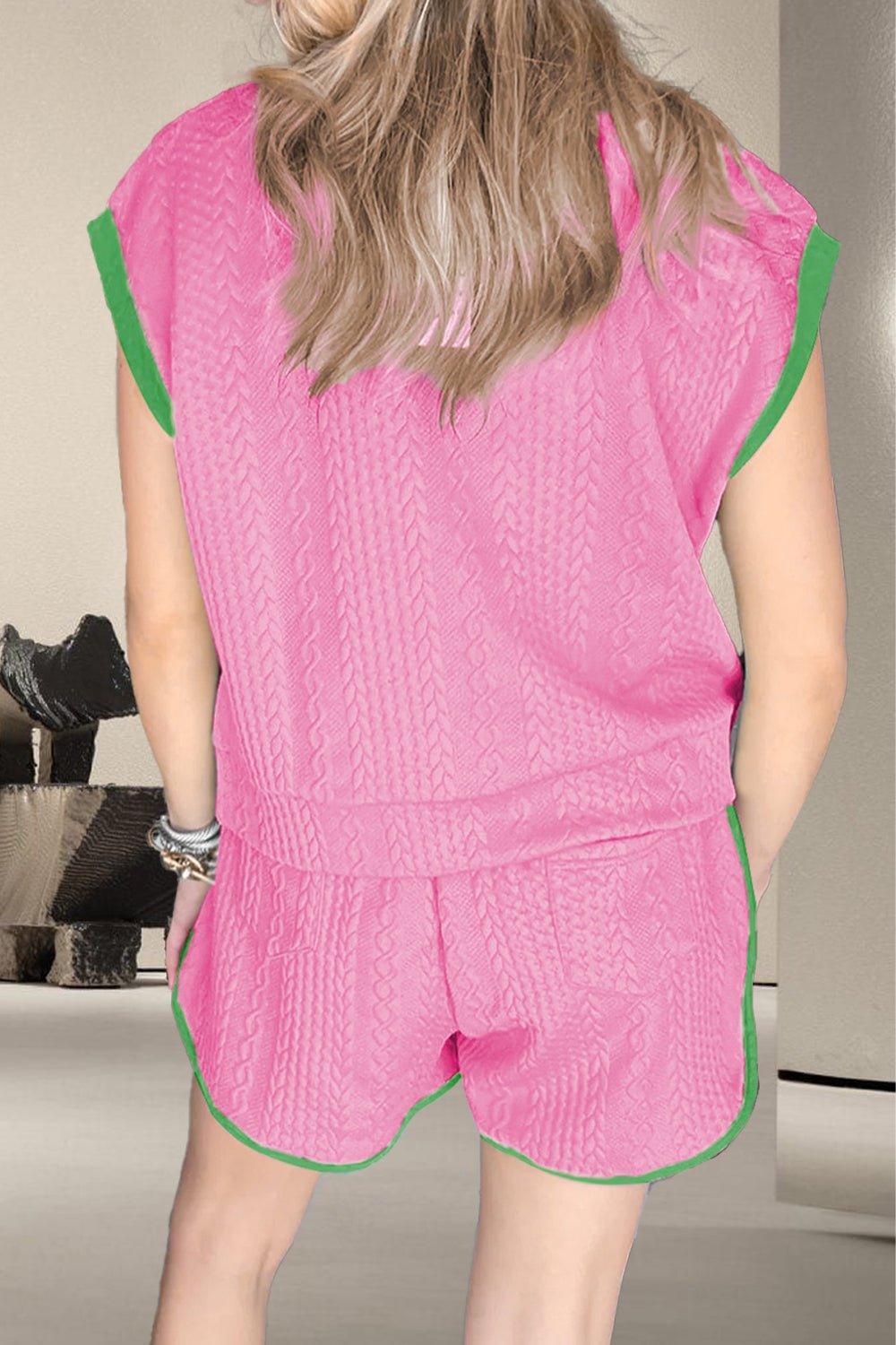 Contrast Trim Round Neck Top and Shorts Set - Admiresty