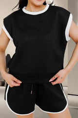 Contrast Trim Round Neck Top and Shorts Set - Admiresty