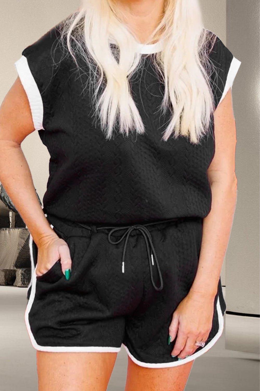 Contrast Trim Round Neck Top and Shorts Set - Admiresty