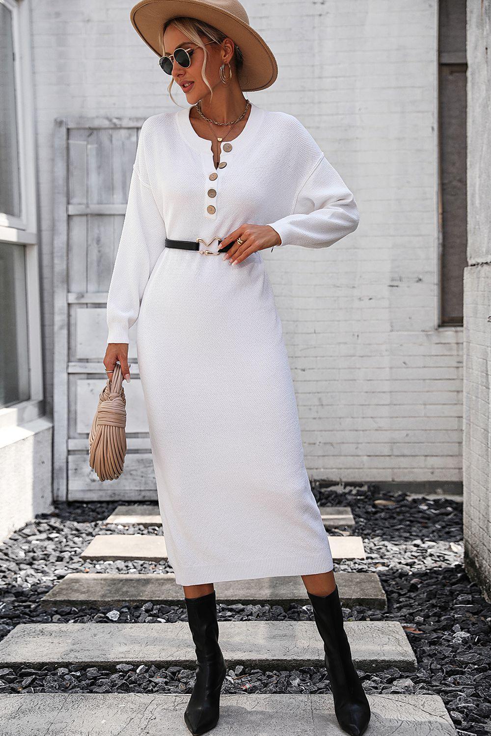 Decorative Button Notched Dropped Shoulder Sweater Dress - Admiresty